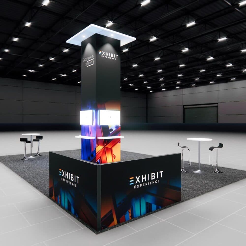 Representative 20x30 LED island exhibit configuration by Exhibit Experience; this reference image is not the Phocuswright custom exhibit.